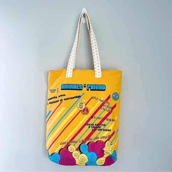 NWT Carpisa Canvas Tote Bag Yellow Gold Animals Friend. Help Save Turtles - Picture 1 of 9